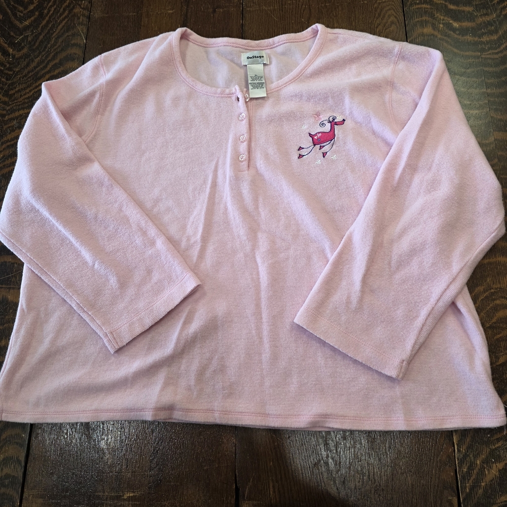 OnStage pink‎ cozy long-sleeve henley shirt reindeer graphic XL